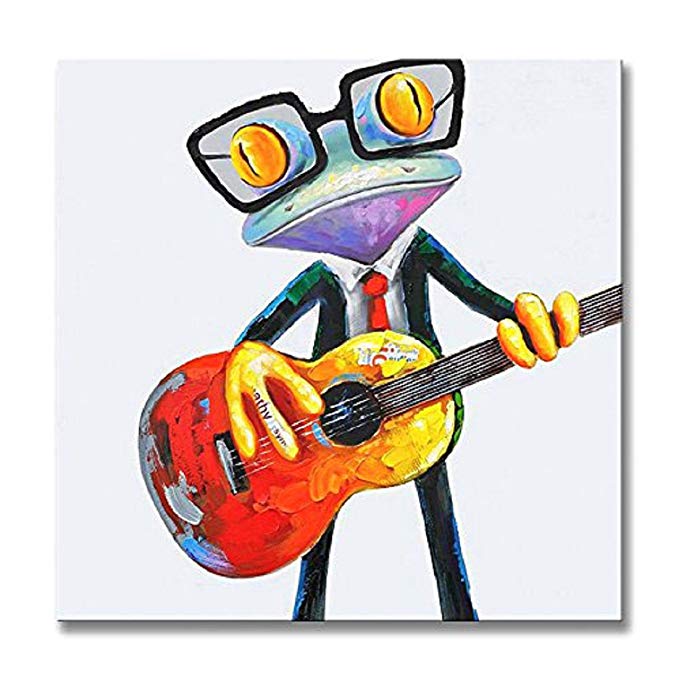 FLY SPARY 1 Panel 100% Hand Painted Framed Oil Paintings Canvas Wall Art Colorful Suit Frog with glasses Playing Guitar Funny Animal Modern Abstract Artwork for Living Room Bedroom Office Home Decor