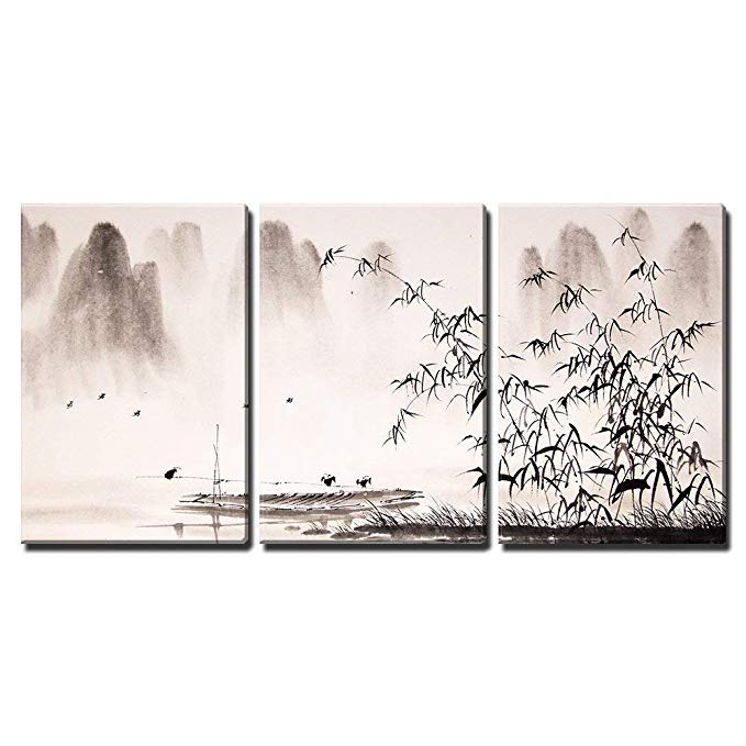 wall26 - 3 Piece Canvas Wall Art - Chinese Landscape Ink Painting - Modern Home Decor Stretched and Framed Ready to Hang - 24