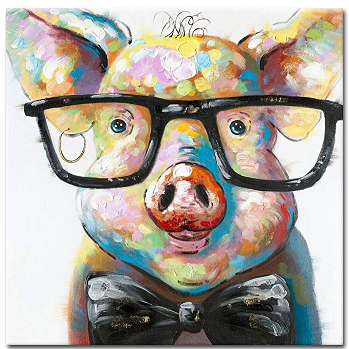 Muzagroo Art Lovely Pig with Glasses Paintings for Living Room Canvas Décor Wall Art Stretched Ready to Hang(32x32in)