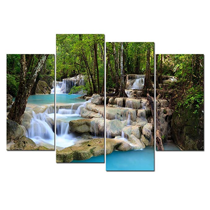 Cao Gen Decor Art-S48748 4 Panels Wall Art Waterfall Painting on Canvas Stretched and Framed Canvas Paintings Ready to Hang for Home Decorations Wall Decor