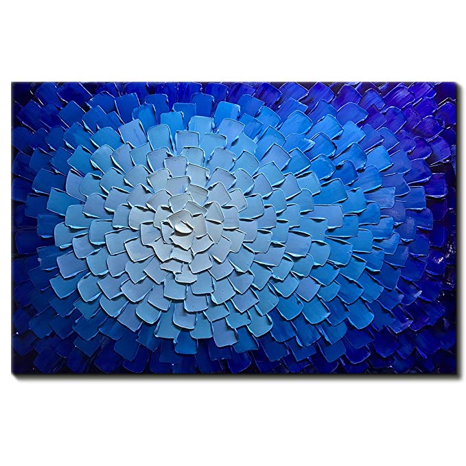 Desihum-Oil Paintings Modern Framed Art 3D Hand Painted Artwork Abstract Blue Flowers Pictures on Canvas Wall Art Ready to Hang for Living Room Bedroom Home Decor (24