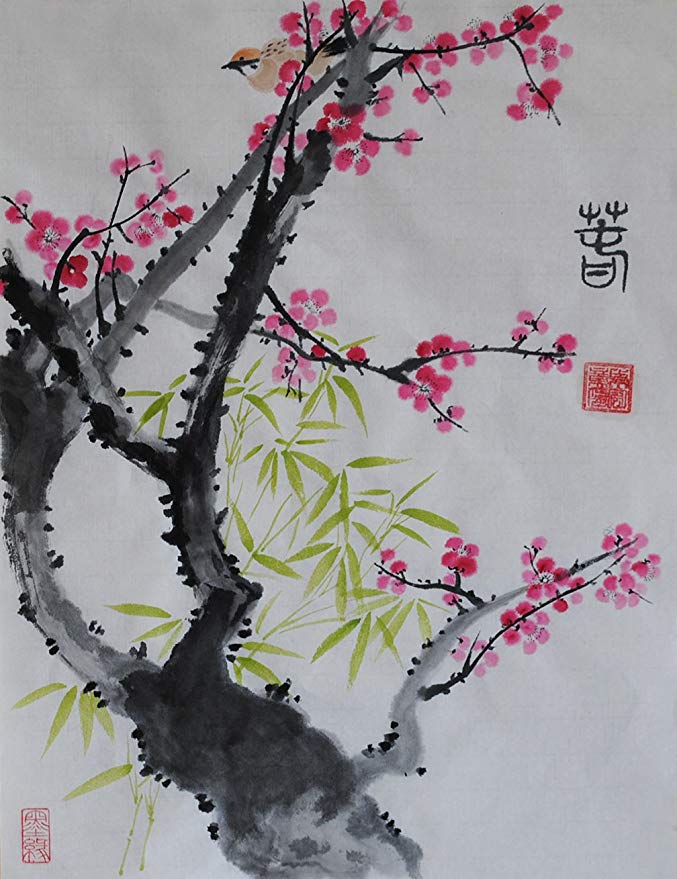 Jiangnanruyi Art Plum Blossom Original Hand Painted Artwork Unframed Chinese Brush Ink and Wash Watercolor Painting Drawing Decorations Decor for Office Living Room Bedroom (36×27inch, Artwork-04)