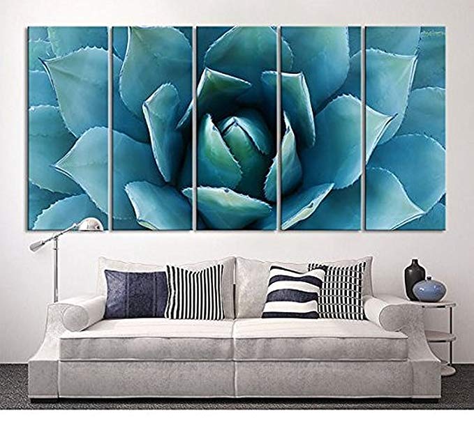 5 Panels Modern Abstract Art Painting For Home Decor Large Wall Art Blue Agave Painting Framed Canvas Wall Art Agave Flower Picture Living Room Artwork Gift Pieces Large Oil Painting