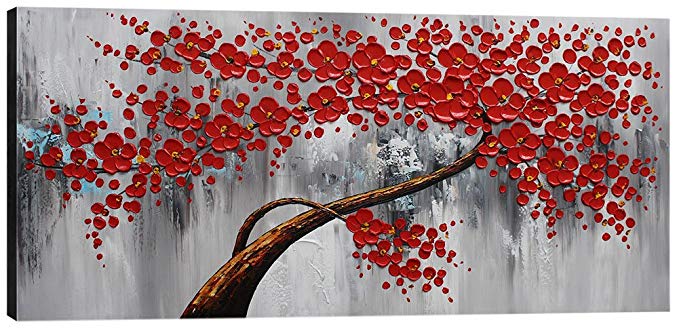 Mofutinpo Flower Canvas Wall Art Painting Large Red Plum Blossom Tree Picture for Living Room Abstract Decoration Modern Hand Painted Floral Artwork Bedroom Bathroom Home Office 24x48in