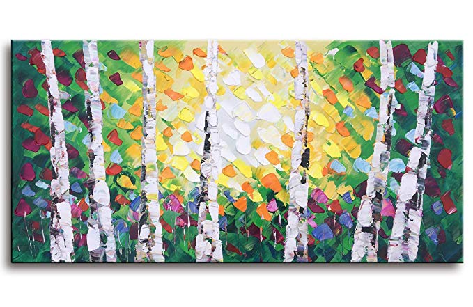 MyArton 100% Hand-Painted Contemporary Abstract Colorful Forest Gallery-Wrapped Oil Painting On Canvas Wall Art Decor Home Decoration 24x48inch