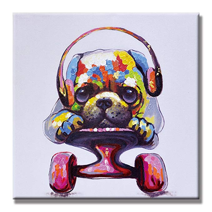 SEVEN WALL ARTS - Modern Animal Artwork 100% Hand-painted Oil Painting Stretched and Framed Ready to Hang for Living Room (32 x 32 Inch, Pulley Dog)