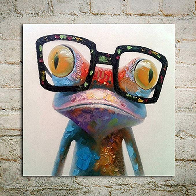 Everfun Art Hand-painted Oil Painting Happy Frog with Glasses Modern Wall Art on Canvas Contemporary Artwork For Bedroom Living Room Stretched Framed Ready to Hang