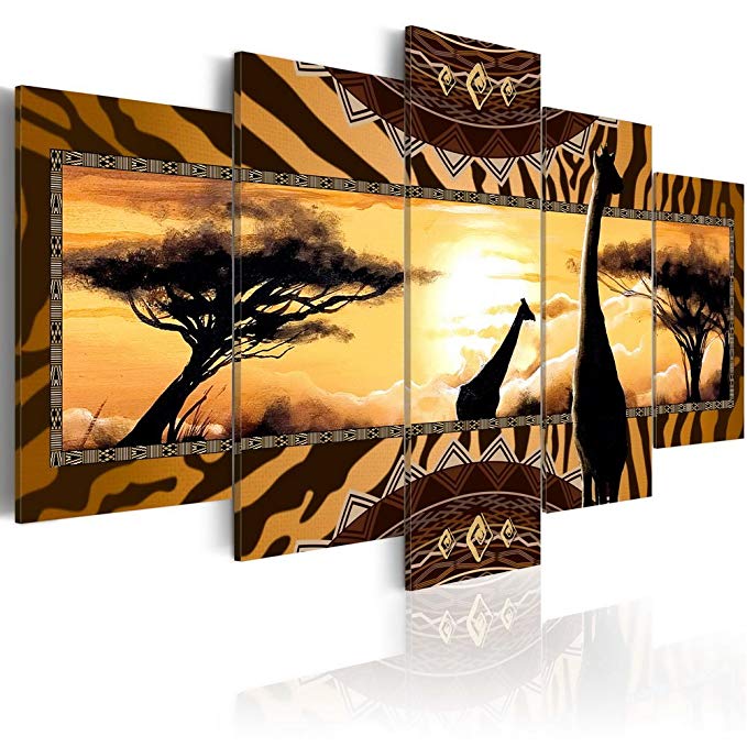 Konda Art Giraffe Canvas Wall Art Modern African Home Decor Painting Sunset Landscape Tree Picture 5 piece Framed Artwork for Living Room Ready to hang (African giraffes, 60