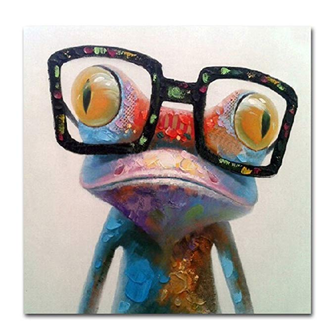 V-inspire Art, 32X32Inch, Happy Frog 100% Hand Painted Paintings Cute Frog with Glasses Abstract Art Large Wall Art for Living Room Artwork on Canvas Ready to Hang Framed Art for Bedroom Living Room