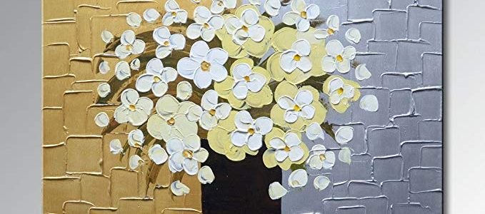 Seekland Art Hand Painted Oil Painting Contemporary Wall Deco Art White and Yellow Flowers on Canvas Modern Abstract Artwork Stretched and Ready to Hang for Wall Deco (36″ W x 24″ H) Review