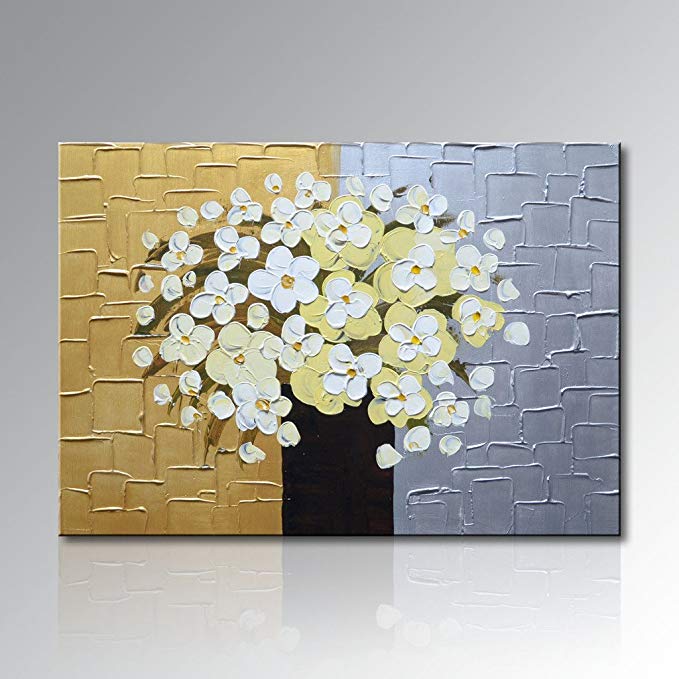 Seekland Art Hand Painted Oil Painting Contemporary Wall Deco Art White and Yellow Flowers on Canvas Modern Abstract Artwork Stretched and Ready to Hang for Wall Deco (36