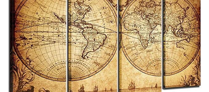 Sea Charm – Canvas Wall Art Panels Vintage World Map Painting Framed – 4 Pieces Canvas Art Retro Antiquated Map of the World Painting Abstract Picture Artwork for Home Office Decor Review