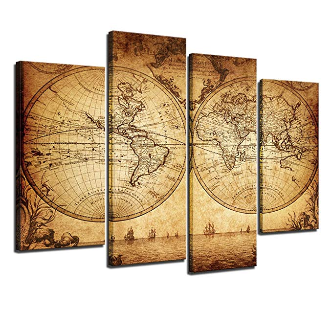 Sea Charm - Canvas Wall Art Panels Vintage World Map Painting Framed - 4 Pieces Canvas Art Retro Antiquated Map of the World Painting Abstract Picture Artwork for Home Office Decor