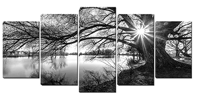 5 Panels Stretched and Framed Black and White Lake Wall Art Painting on Canvas Ready to Hang for Living Room Bedroom Office (30X50cmX2,30X65cmX2,30X80X1)