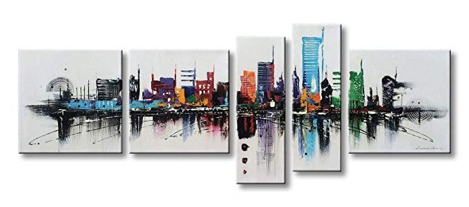 Winpeak Art Modern Contemporary Cityscape Artwork Hand Painted Abstract Pictures Stretched Wood Framed Oil Paintings on Canvas Wall Art Décor for Living Room 52″W x 32″H (12″x12″ x3pcs, 8″x24″ x2pcs) Review