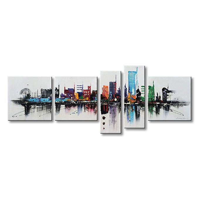 Winpeak Art Modern Contemporary Cityscape Artwork Hand Painted Abstract Pictures Stretched Wood Framed Oil Paintings on Canvas Wall Art Décor for Living Room 52