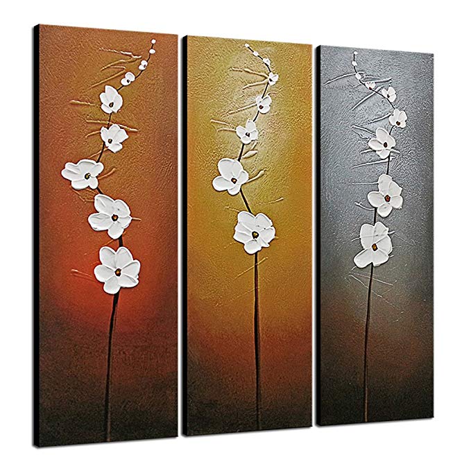 Wieco Art Extra Large Modern Contemporary Flowers Artwork 3 Panels Decorative 100% Hand Painted Gallery Wrapped Abstract Floral Oil Paintings on Canvas Wall Art Ready to Hang for Home Decor