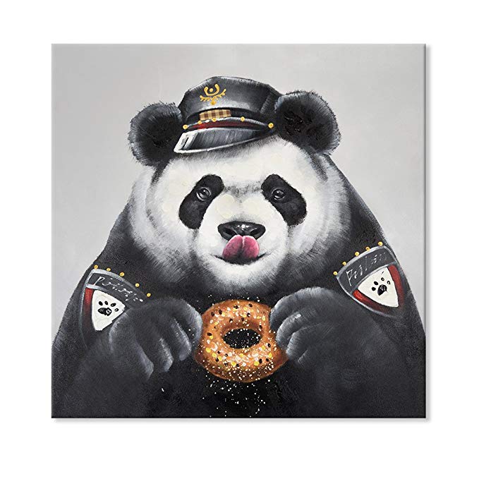 SEVEN WALL ARTS 100% Hand Painted Oil Painting Animal Cute Panda with Stretched Frame 24 x 24 Inch (Panda Eating Donut, 32 x 32 Inch)