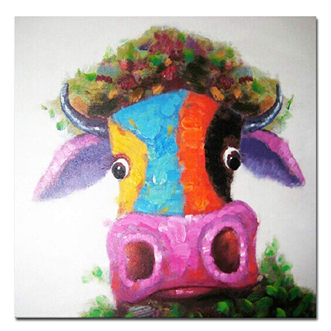 Muzagroo Art Hand-Painted Oil Painting Happy Cattle on Canvas Art Decor for Living Room Ready to Hang (32x32in, Cattle 2)