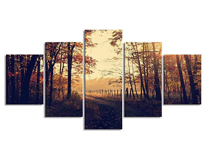 Yatsen Bridge Modern Autumn Canvas Painting Living Room Prints Posters Trees Forest Sunrise Fall Leaves Pictures Birthday Gifts Stretched Framed Ready to Hang Bedroom (60'' W x 32''H)