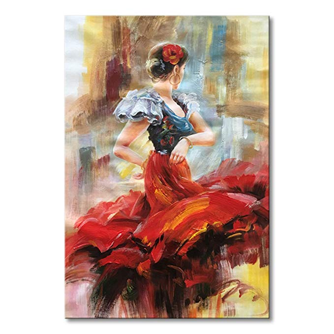 Hand Painted Red Canvas Wall Art Sexy Girl in Red Dress Dancing Impression Abstract Figure Oil Painting Modern Artwork