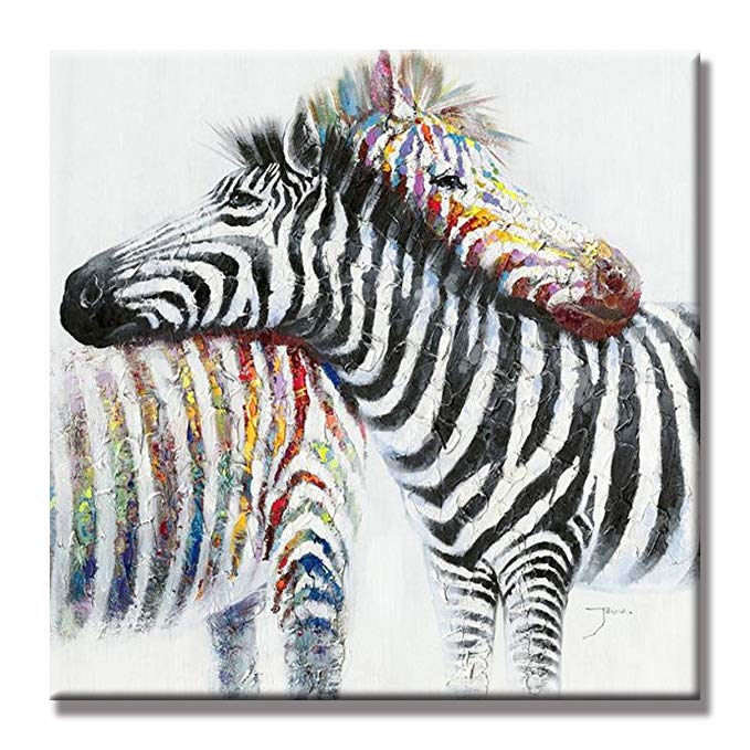 SEVEN WALL ARTS 100% Hand Painted Oil Painting Animal Colorful Zebra Modern Wall Art with Stretched Frame Ready to Hang (32x32 Inch)