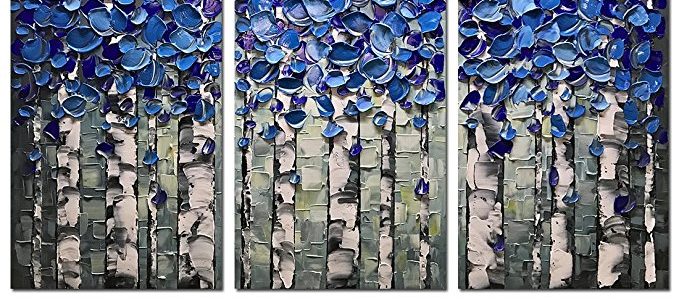 Desihum-3 Piece Canvas Art 3D Hand Painted Oil Paintings on Canvas Texture Pictures Blue Birch Forest Wall Art Modern Home Decor Abstract Artwork Stretched and Framed For Living Room(24″x48″) Review