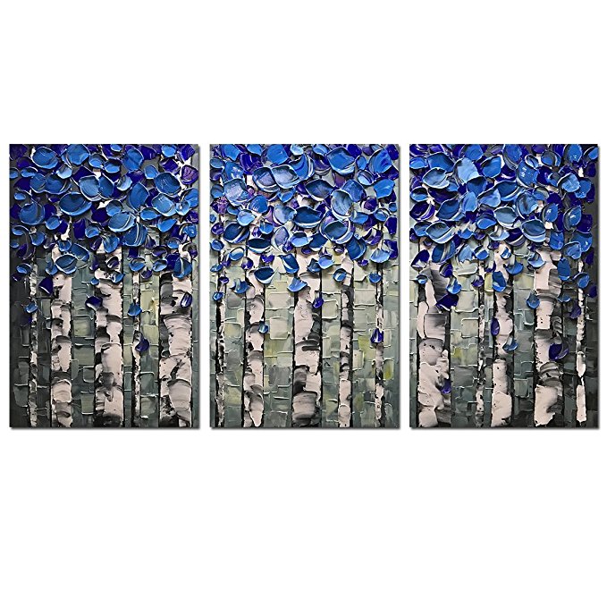 Desihum-3 Piece Canvas Art 3D Hand Painted Oil Paintings on Canvas Texture Pictures Blue Birch Forest Wall Art Modern Home Decor Abstract Artwork Stretched and Framed For Living Room(24