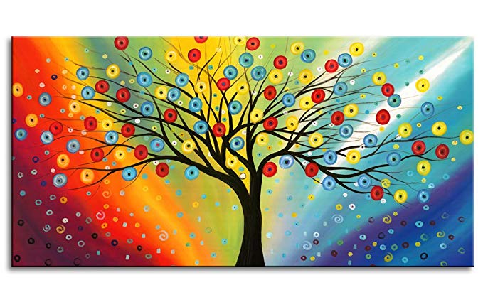 Extra Large Canvas Painting Wall Art with 1 1/5 Inch Thickness Frame Ready to Hang - Sunset Blossom Tree Colorful Sky Abstract Painting Contemporary Pictures for Living Room Bedroom Decoration