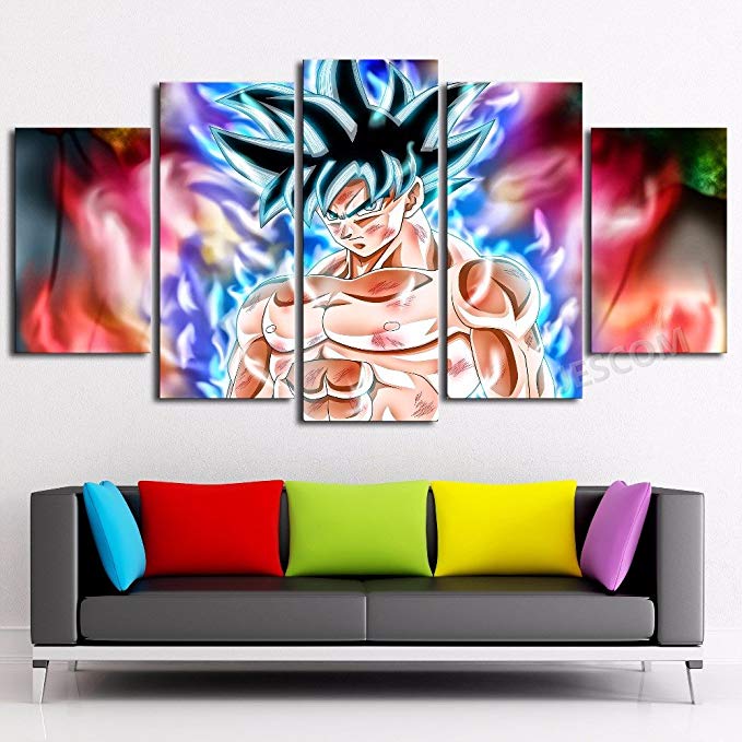 JESC 5 Panels Canvas Painting Anime Dragon Ball Goku New form Wall Art Decorative Pictures Home Decor Wall Framework (30x50cmx2,30x70cmx2,30x80cmx1) … …