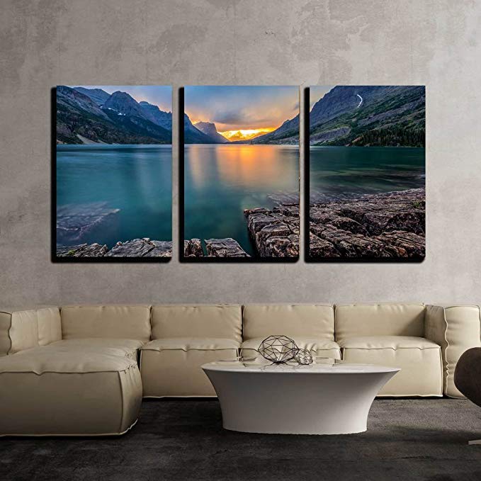 wall26-3 Piece Canvas Wall Art - Sunset at St Mary Lake, Glacier National Park, Mt - Modern Home Decor Stretched and Framed Ready to Hang - 24