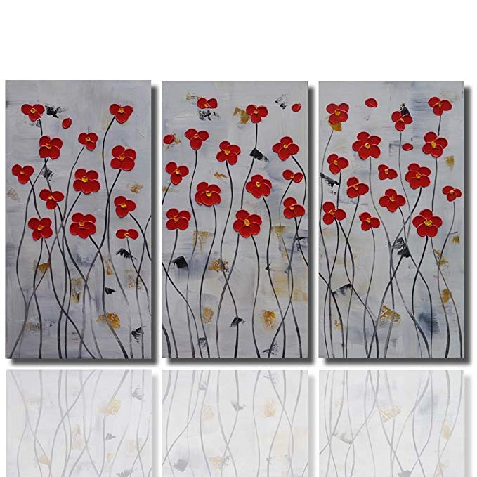 Joy Art Framed Red Flower Paintings Modern Abstract Painting on Canvas Wall Decor Landscape 3pcs/set Ready to Hang