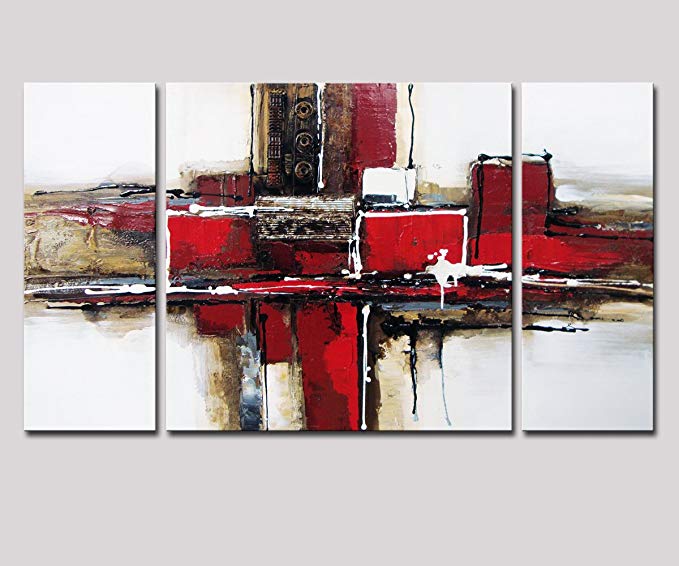 Noah Art-3 Panel Abstract Wall Art, Red and Black 100% Hand Painted Modern Abstract Oil Paintings on Canvas, Large Abstract Art for Living Room Wall Decor, 24 inches Height x 48 inches Width