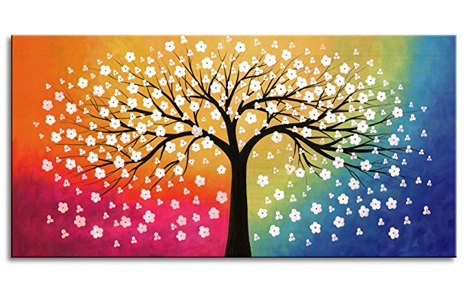 Abstract Canvas Painting Wall Art Frame Ready to Hang - Sunset Blossom Tree Colorful Sky Contemporary Pictures for Living Room Bedroom Decoration