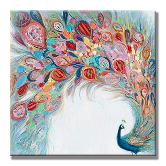 SEVEN WALL ARTS - 100% Hand Painted Oil Painting Animal Peacock Spreads Its Tail Painting with Frame for Home Decor (32x32 Inch)