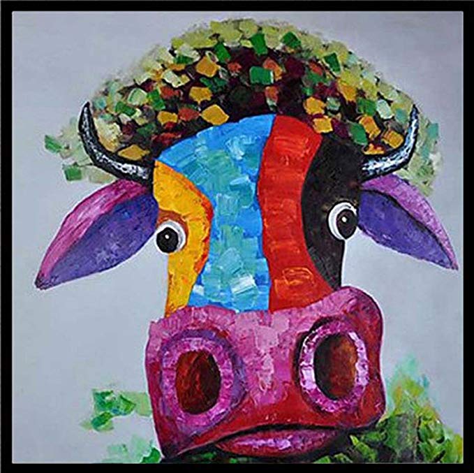 SpecialArt - Hand Painted Animal Oil Painting Wall Art with Black Floater Frame - Corlorful Cow Oil Painting on Canvas for Kids Room 24 X 24inch ANIM001