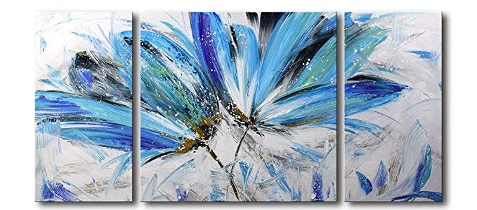 Flower Wall Art for Living Room 3 Piece 100% Hand Painted Abstract Oil Painting on Canvas Modern Large Framed Blue and White Floral Artwork Office Bedroom Decor 24x48inch Review