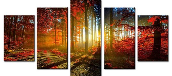 Moco Art 5 Panels Canvas Wall Art Paintings Autumn Beautiful Maple Trees Picture Prints On Canvas Landscape Artwork For Home Decor Framed Ready to Hang (30x45cmx2pcs 30x60cmx2pcs 30x75cmx1pcs) Review