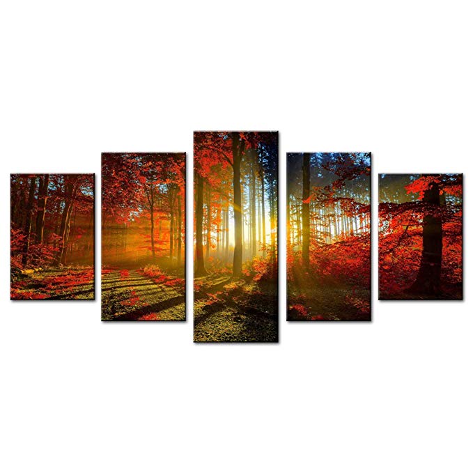 Moco Art 5 Panels Canvas Wall Art Paintings Autumn Beautiful Maple Trees Picture Prints On Canvas Landscape Artwork For Home Decor Framed Ready to Hang (30x45cmx2pcs 30x60cmx2pcs 30x75cmx1pcs)