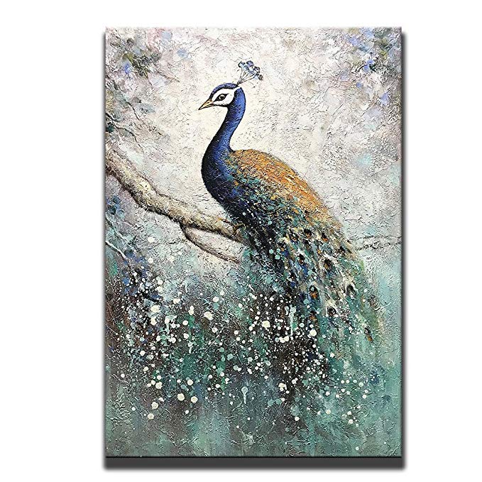 Asdam Art-100% Hand Painted Paintings On Canvas 3D Peacock Artwork Large Vertical Wall Art Animal Pictures Framed Acrylic Artwork for Living Room Bedroom Hallway Office Modern Home Decor(24x36inch)