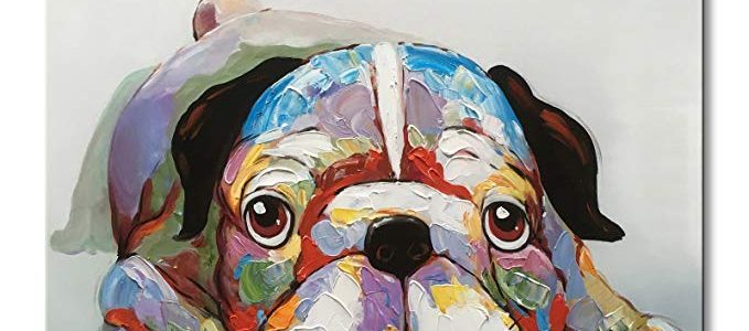 EVERFUN ART Everfun Oil Painting Abstract Dog Canvas Wall Art Hand Painted Modern Animal Cute Bulldog Artwork Contemporary Picture Framed and Stretched Home Decor 32″ Wx32 H Review