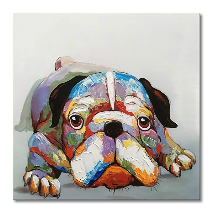 EVERFUN ART Everfun Oil Painting Abstract Dog Canvas Wall Art Hand Painted Modern Animal Cute Bulldog Artwork Contemporary Picture Framed and Stretched Home Decor 32