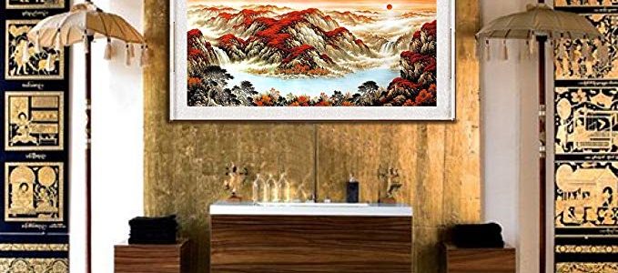 INK WASH Chinese Red Sunshine Landscape Rocky Mountains Painting of the Road to Hope Grand Rapids Large Wall Scroll 67″x30″ Review