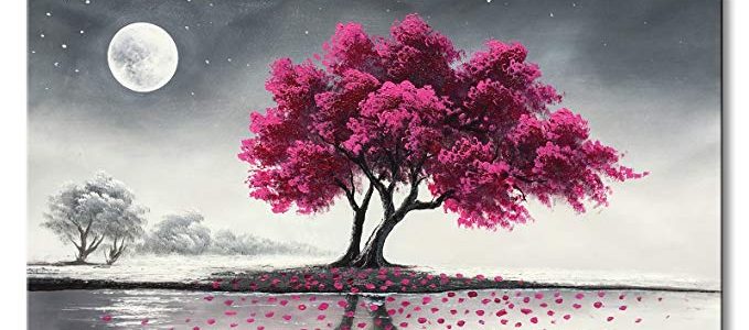 Everfun Art Purple Tree Oil Painting on Canvas Hand Painted Moon Night Modern Landscape Wall Artwork Framed Home Decor For Bedroom Abstract Flower Picture 40×20 Review