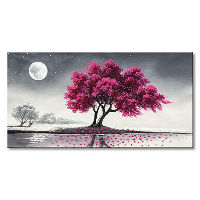 Everfun Art Purple Tree Oil Painting on Canvas Hand Painted Moon Night Modern Landscape Wall Artwork Framed Home Decor For Bedroom Abstract Flower Picture 40x20