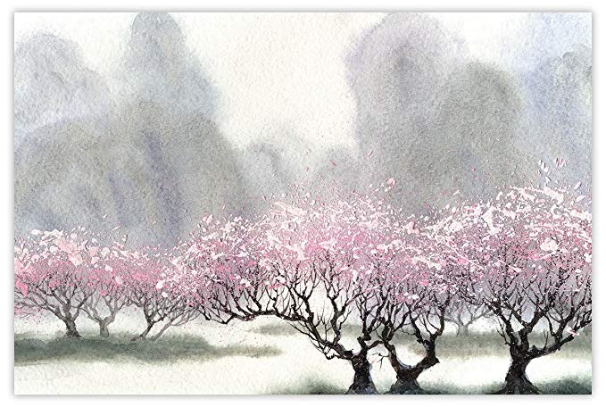 Picture Sensations Glow in The Dark Canvas Wall Art, Abstract Nature Mountain Cherry Blossom