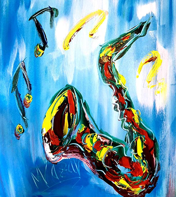 Modern Saxophone Abstract Impressionist Art Deco Cityscape Art - Oil Painting on Canvas- Signed with Certificate of Authenticity-size 20 X 24, Fine Arts, Stretched - Gallery Wrap - Ready to Display