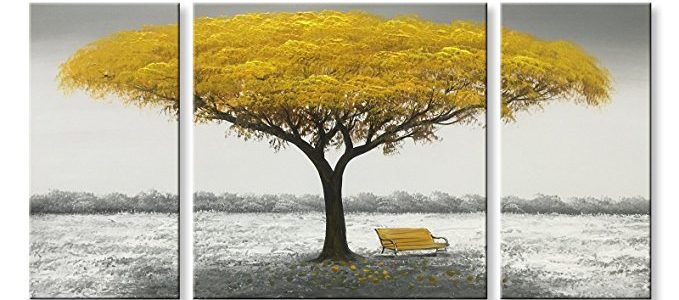 Winpeak Hand Painted Yellow Tree Modern Oil Painting Landscape Canvas Wall Art Abstract Picture Home Decoration Contemporary Artwork Framed Ready to Hang (48″W x 24″H (12″x24″ x2pcs, 24″x24″ x1pc)) Review