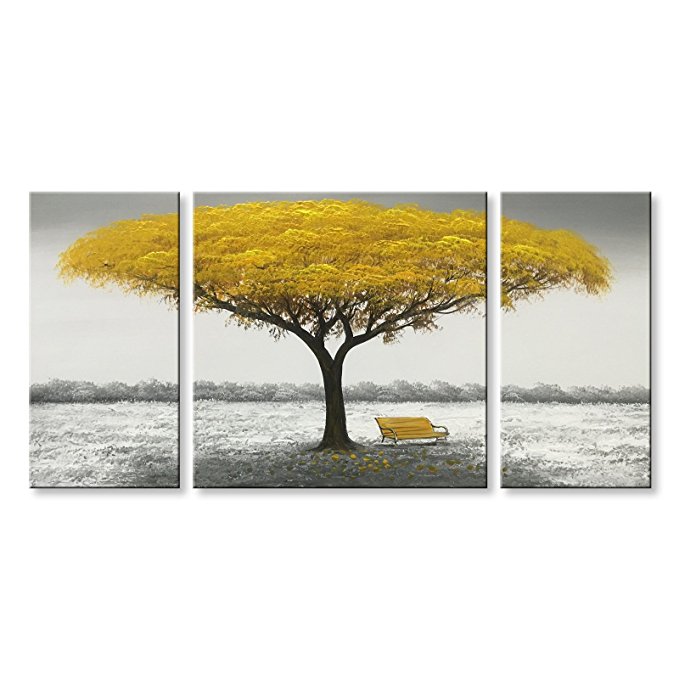 Winpeak Hand Painted Yellow Tree Modern Oil Painting Landscape Canvas Wall Art Abstract Picture Home Decoration Contemporary Artwork Framed Ready to Hang (48