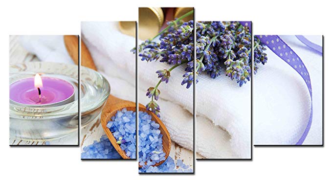 SmartWallArt - Spiritual Series 5 piece Wall Artwork Lavender On The White towel and The Bath Salt Pictures Modern Home Decor for Living Room Bedroom